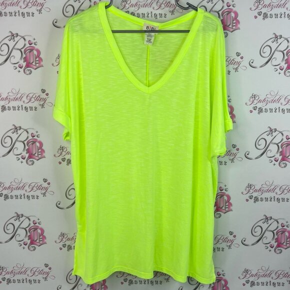 BiBi Neon tshirt tee green Yellow V-Neck Short Sleeve Top - Picture 1 of 7